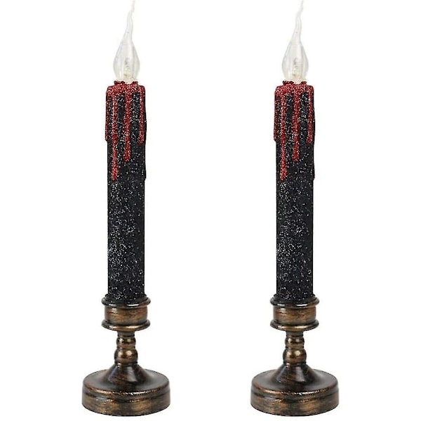 Elektronisk Ljuslykta Plast Lång Ljuslykta Flamlös Flimrande Värmeljus För Halloweenfest Heminredning Halloweendekoration Svart 2st