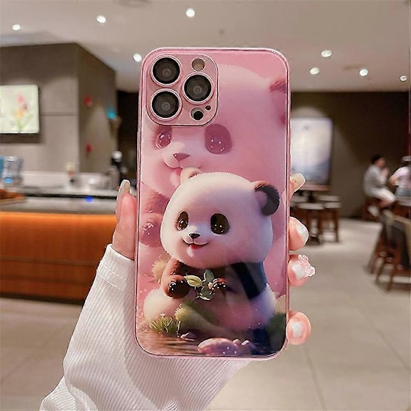 Yhteensopiva iPhone 13 Pro:lle Söpö Panda-kuvioinen karkaistu lasi + TPU-puhelinkotelo linssisuojakalvolla Pink