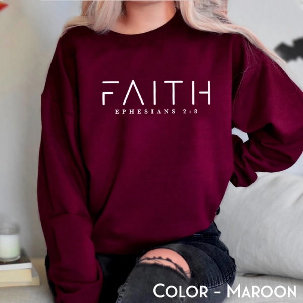 Trendig Faith Sweatshirt Bibelversskjorta Kristna kläder Dam Streetwear Tröja Huvtröja Estetiska kläder Maroon S