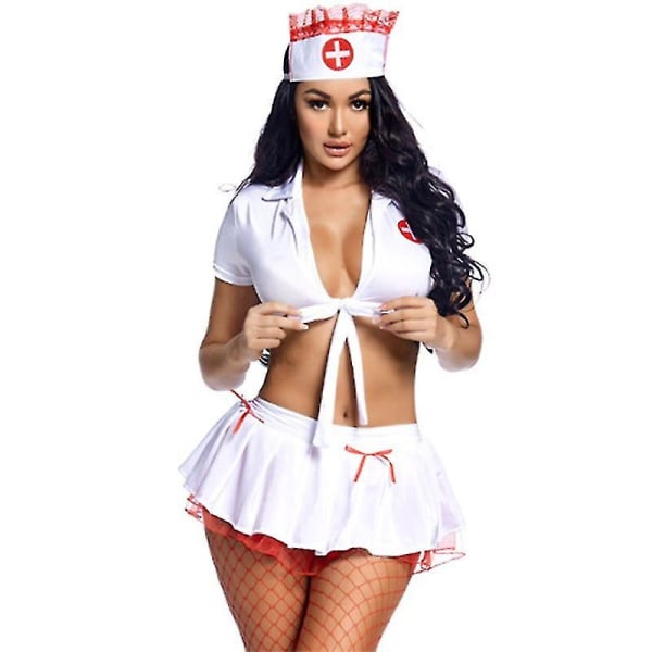 Hvit sexy dameundertøy sykepleierkostyme Cosplay Uniform Clubwear Toppskjørt satt snøre med strømper M
