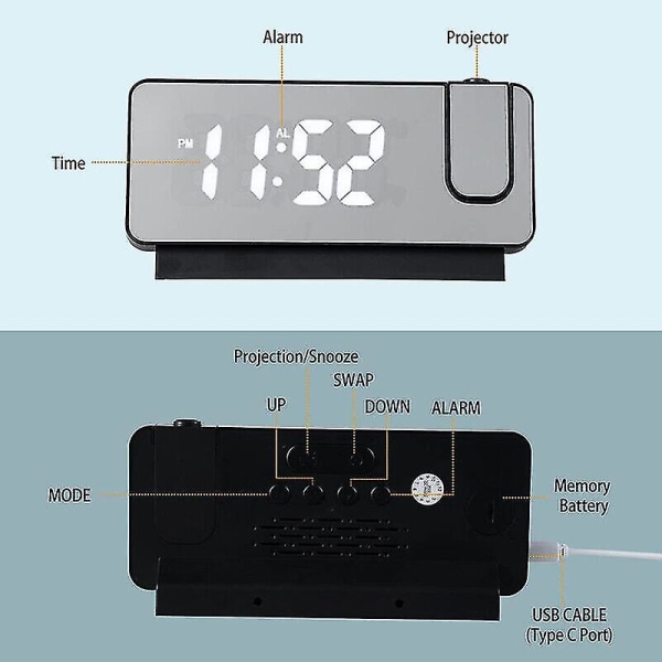 Led Mirror Projection Herätyskello Lämpömittari Digitaalinen Torkku Kierretty näyttö USB Musta