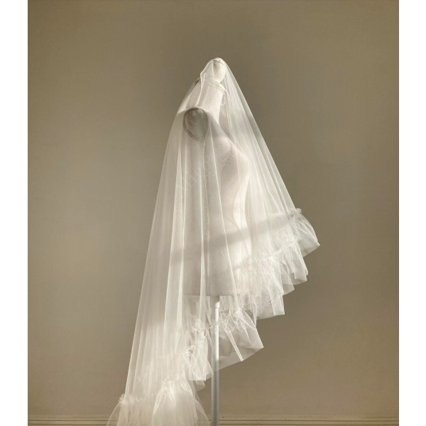 Brudekjole med flæsende dråbe med blush Elegant elfenben Flæst tyl slør Boho langt brudeslør Ivory 300cm