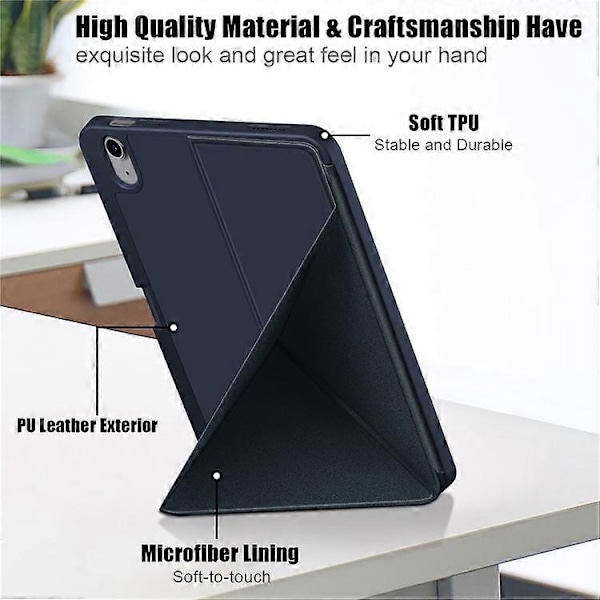 Kompatibel med iPad 10.9 (2022) / iPad 10. generation Origami Stand PU Læder Tablet Case Auto Vågn/Sov Pen Slot Beskyttelsescover DarkBlue