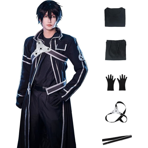 Anime Sao Kirito Cosplay Kostym för Män Svart Jacka Lång Kappa Kostym Komplett Set Halloween Outfit Med Peruk För Kvinnor 3XL