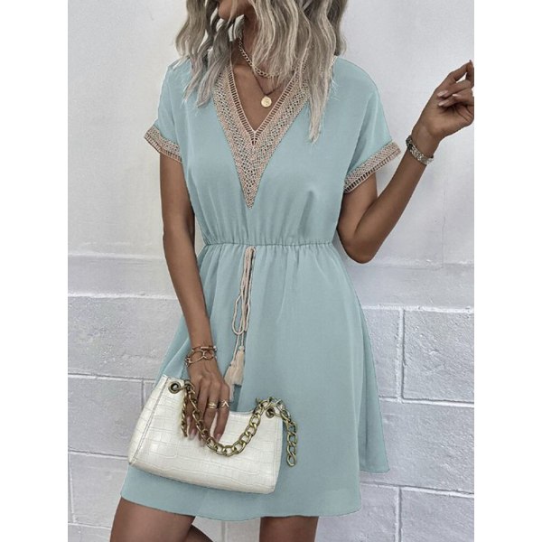 Dame Vintage Mini Kjole Sommer Mode Ensfarvet V-hals Løs Bindekjole Apricot S