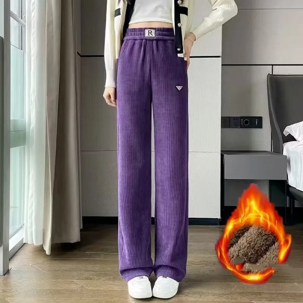 Dame Ensfarvet Elastisk Talje Brev Bukser Efterår og Vinter Høj Talje Lomme Lige Afslappet Pendler Bred Ben Bukser Purple thin XXXS