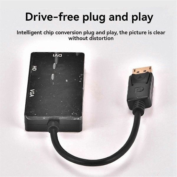 DP til VGA DVI 3-i-1 Adapterkabel DP Én-Til-Tre Videokonverter Understøtter 1080P, Egnet til Pro