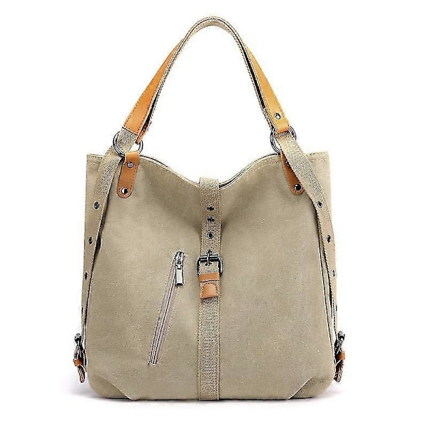 Premium Stor Kapasitet Canvas Veske Skulderveske Retro Flerlags Fritidsryggsekk For Kvinner Damer (khaki) (1 stk)