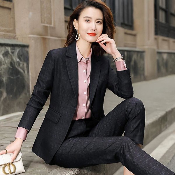 Rutete dresser dame Higt Eed formelt intervju business slank blazer og bukser kontordamer mote arbeidsklær Black Coat and pants M