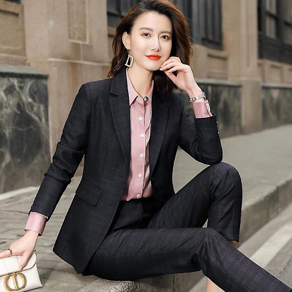 Rutiga Kostymer Dam Hög Eed Formell Intervju Business Slim Blazer Och Byxor Kontorsdamer Mode Arbetskläder Black Coat and pants 4XL