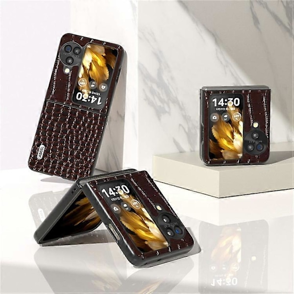 ABEEL Kompatibel med Oppo Find N3 Flip 5G Krokodiltextur Telefonskal Äkta Koläderbelagd PC Vikbart Fodral Espresso