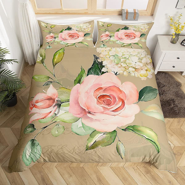 Vintage Blomster King Full Queen Dynetrekk Retro Rosa Blomstret Dynetrekk Rose Grønne Blader Sengetøy Sett Polyester Dyne Trekk