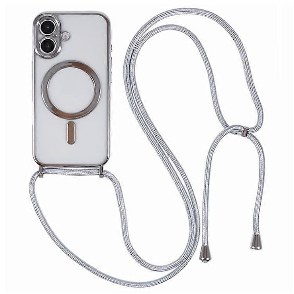 Kompatibelt skal för iPhone 16, kompatibelt med MagSafe, elektropläterad TPU-mobilskydd med långt snöre Silver