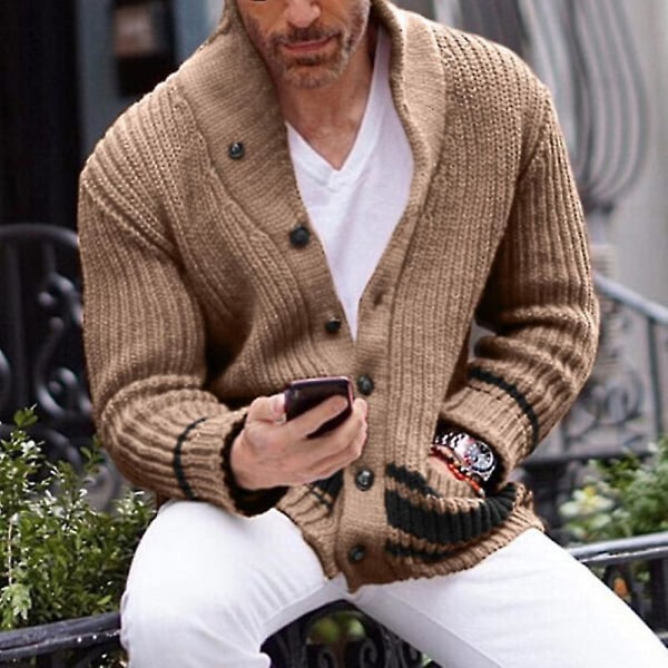 Herre Langærmet Cardigan Sweater Slim Fit Vinter Varmt Overtøj Åben Front Jakke Khaki L