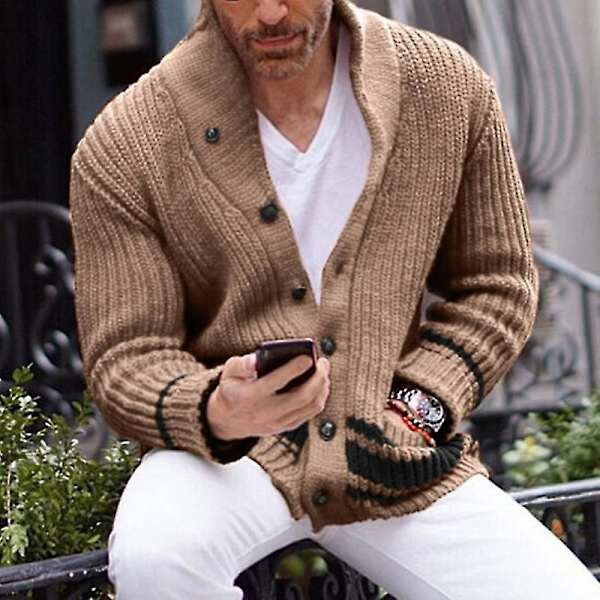 Långärmad cardigan för män, slim fit, varm vinterjacka med öppen front Khaki M