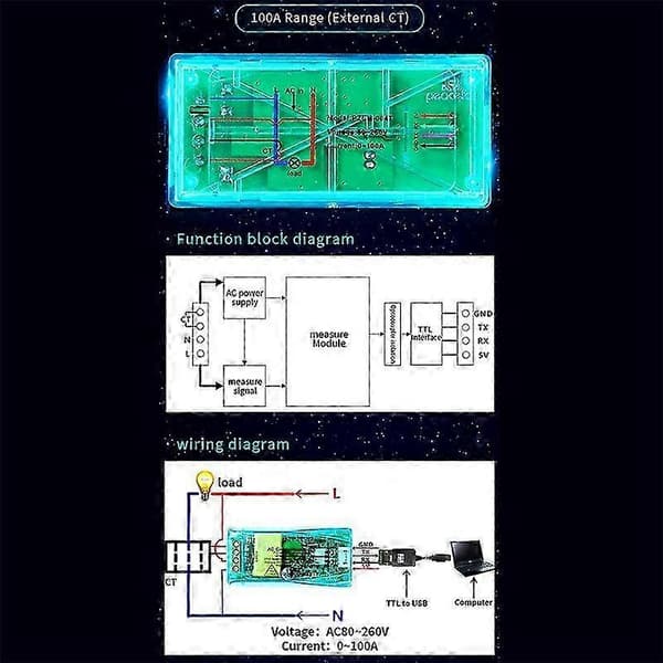 100A PZEM 004T 3.0 Wattmeter med Kabinet+Åben CT Kwh Måler Volt Amp Strøm Test Modul til TTL COM2/COM3/COM4