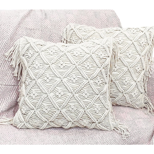 Set med 2 Bomull Makrame Cover 18x18 Handvävda Boho Sängkuddar Till Säng Soffa Soffa Bohemisk Heminredning