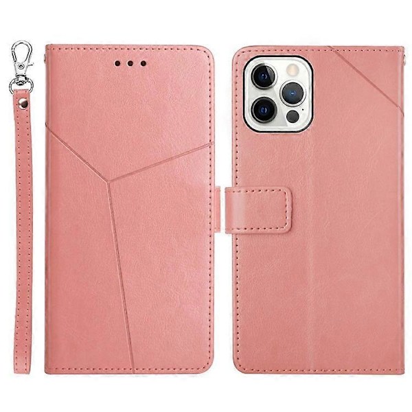 Kompatibel for iPhone 14 Pro Max 6.7 tommer Mobiltelefondeksel Fullstendig Omsluttet PU-Lær Y-Formede Linjer Preging Lommebok Stativ Telefon C Pink