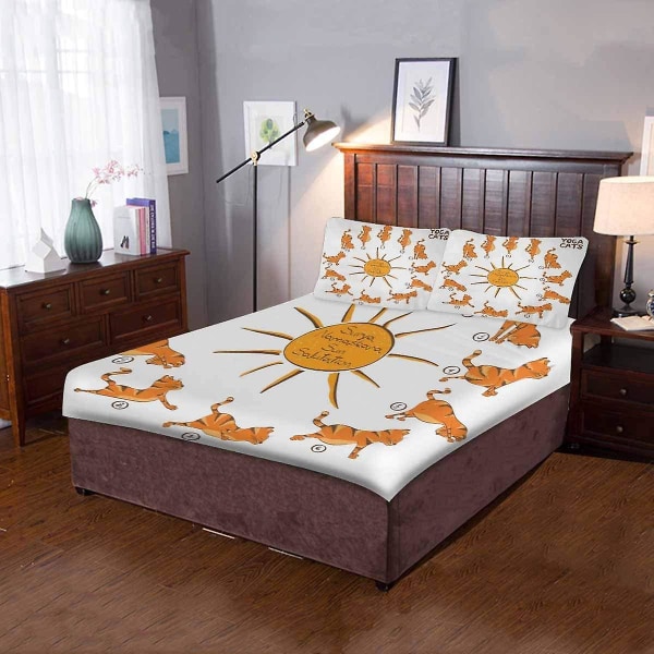 3 delar sängkläder set rolig tecknad katt yoga cover med 2 örngott för hem sängar rum dekoration D---58831