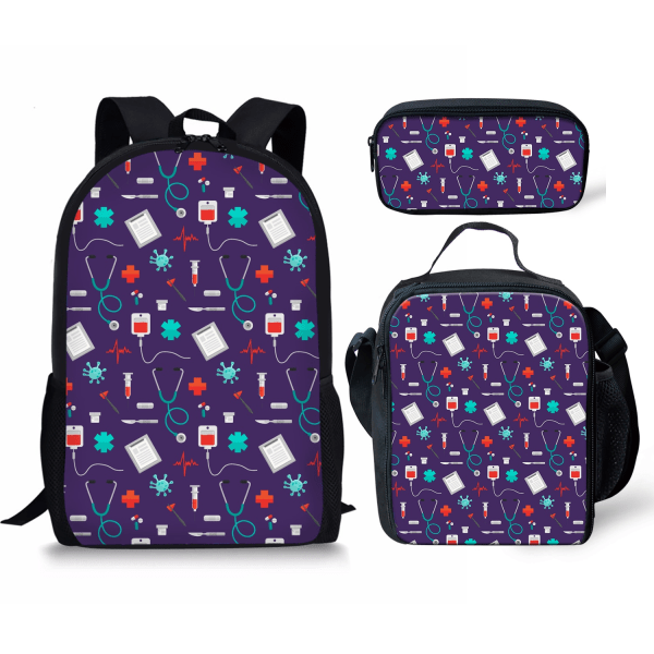 Cool sjuksköterska hjärta 3st/ Set Ryggsäck Skol Student Skolväska Lunchväska Case Purple