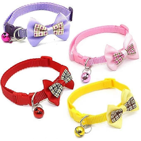 4 katt halsband med klockor och rosetter för snabbkoppling, justerbara djurhalsband, katt halsband, kattungar, små djur inomhus och utomhus