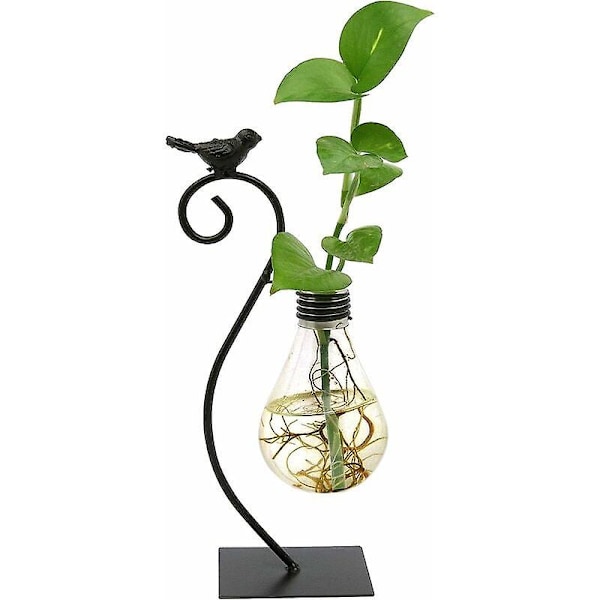 Bulb Vaasi - Lasinen Kukka-vaasi Metallijalustalla ja Linnun Muotoilulla - Hydroponinen Kukkaruukku Koristeellinen Vaasi Kotiin, Toimistoon, Kahvilaan ja Ravintolaan - Gl