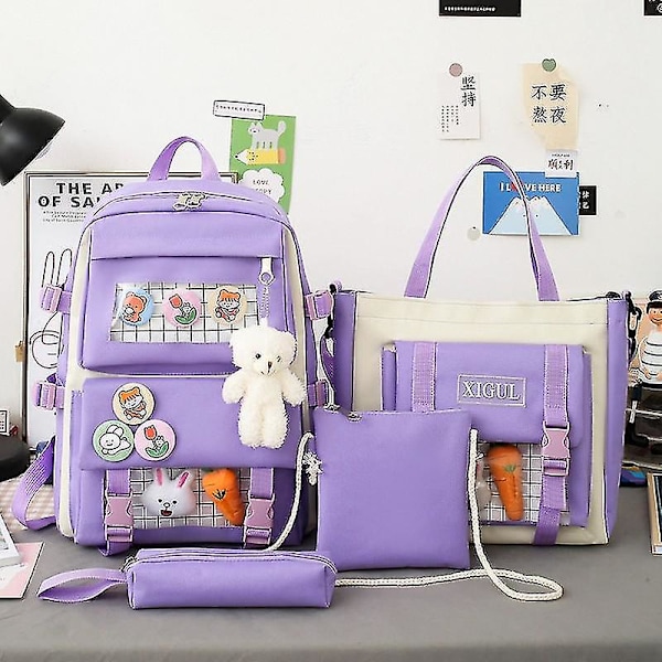 4 kpl:n Harajuku-naisten kannettavan tietokoneen reppusetti, koululaukut teinitytöille, Kawaii-yliopisto-opiskelijoiden lasten kirjalaukku, reppu purple
