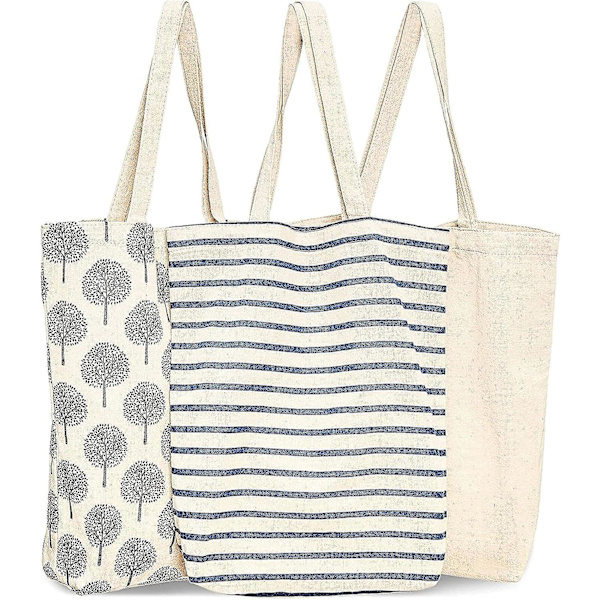 3-pak Genanvendelige Indkøbsnet i Bomuld, 3 Designs, 38 x 42 x 9 cm