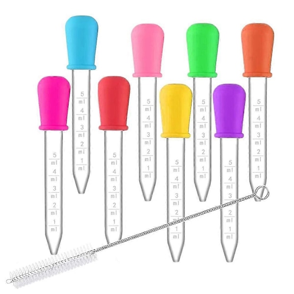 8 kpl nestemäisiä pipettejä silikonia 5 ml kirkas nestemäinen lääke silmätippapullo sipulikärjellä lapsille karkkimuottiin (puhdistusharjalla), vauvan lääkeannostelija