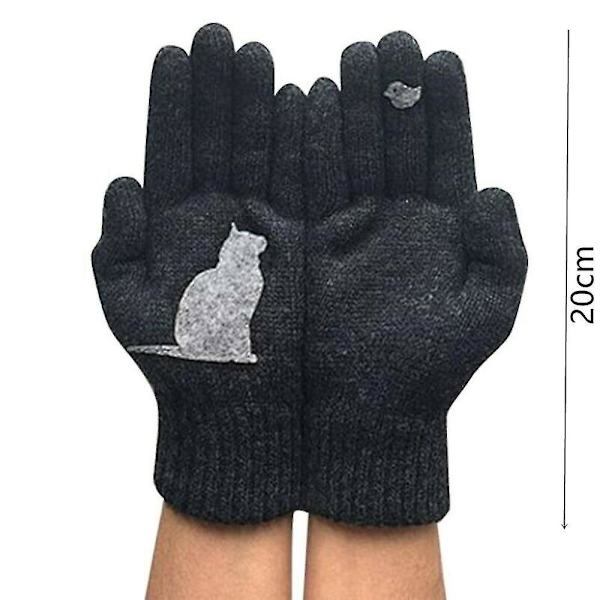 Vinterhandskar för män kvinnor tonåringar söt katt och fågel tryckt termisk stickad Style2