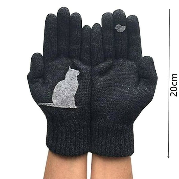 Vinterhandskar för män kvinnor tonåringar söt katt och fågel tryckt termisk stickad Style3