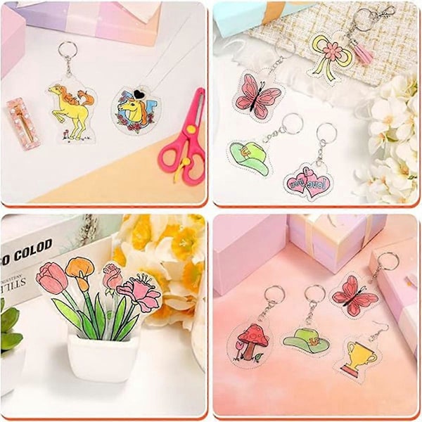 161 Shrinky Sheets Nøgleringsæt, Nøglering med Kæde, Springring, Hulmaskine til Børn, Gennemsigtig