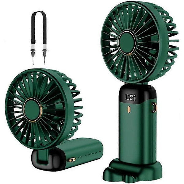 Grøn Håndholdt Ventilator, USB Genopladelig Mini Bærbar Ventilator, 5 Hastigheds Lille Lommeventilator med Base, 4000mAh Batteri Foldbar Bordventilator til Kontor og Udendørs