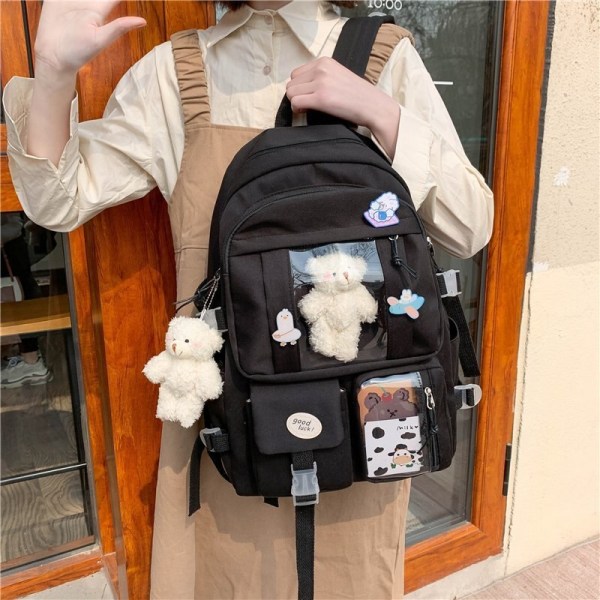 Søt Jente Ryggsekk Kawaii Bjørn Dekor Vanntett Multi-Lomme Nylon Skole Ryggsekk 2 Bag with 2 bear