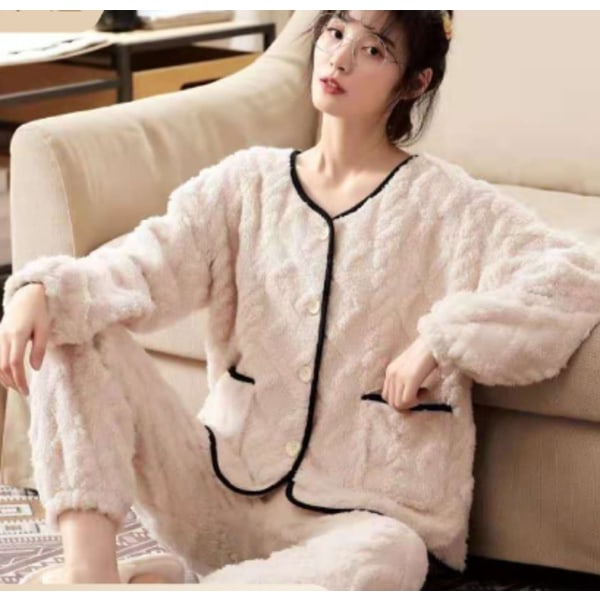 Benvita skuren sammet pyjamas dam långärmad plus sammet tecknad korall sammet pyjamas Off-white cut flowers XXL