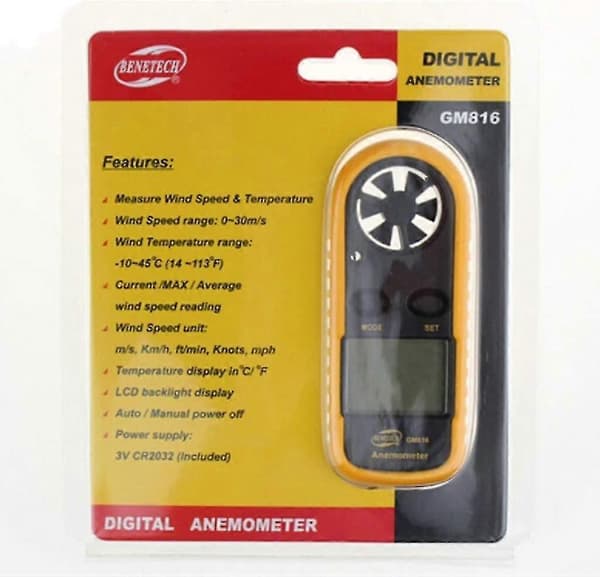 Digitalt anemometer til udendørs lufttemperatur med baggrundsbelyst LCD-display