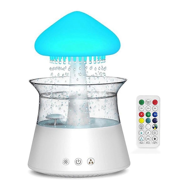 Regnsky Luftfukter Diffuser med Fjernkontroll, Vanndråpe Foss Lampe Sopp Regnlyder Hvit Støy