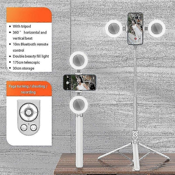 R17DS 1,75 m Bærbar Bluetooth Selfie Stick Udtrækkeligt Tripod Telefonstativ med Dobbelte Udfyldningslys 360 White