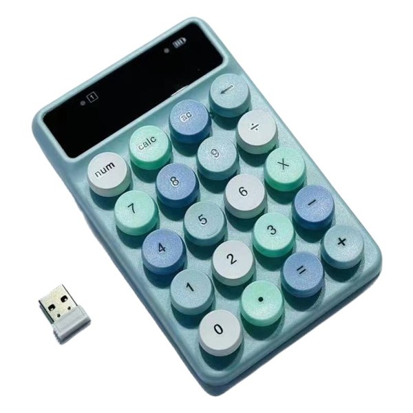 20 näppäimen numeronäppäimistö, jossa on 2,4 Gt:n USB vastaanottimen akku, joka saa virtaa tiedon syöttämistä varten Blue