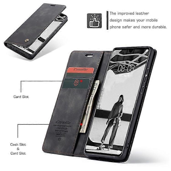 CASEME 013-serien Kompatibel med Huawei P30 Stötsäkert PU Läder Ställ Skydd Anti-repa Plånboksfodral Black