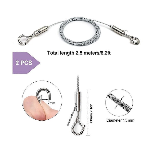 2 pak justerbar billedophængningswire, kraftig, understøtter 22,7 kg, rustfri stålwire, til