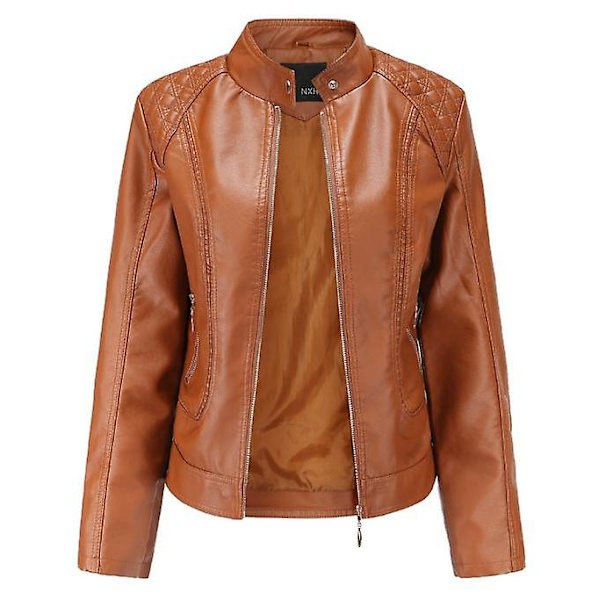 PU Läder Jacka med Dragkedja Vår Höst Dam Oversize Motorcykel Streetwear Ytterkläder Kläder Svart Khaki brown XL