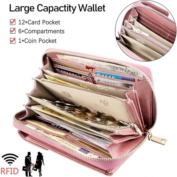Telefon taske til kvinder (Pink) Lille læder RFID-blokerende crossbody telefon taske med 12 kortlommer og lynlåslomme til mønter, lille dametaske med håndrem