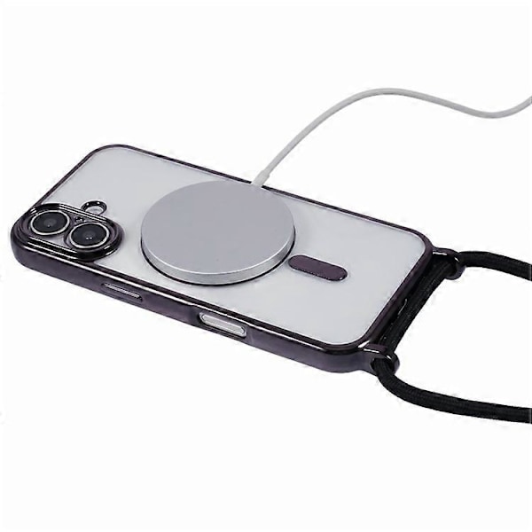 Kompatibel iPhone 16 Case Kompatibel med MagSafe Elektroplettering TPU Mobiltelefonbeskytter med Lang Snøre Black
