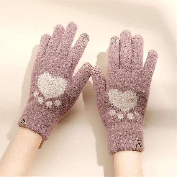 Søte hjertehansker for kvinner, fluffy plysj-hansker for vinteren pink