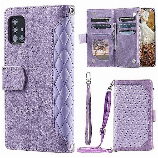 005 Tyyli Yhteensopiva Samsung Galaxy A51 4G SM-A515:lle, Ruutukuvioinen Lompakkomallinen PU-nahkainen Puhelinkotelo Vetoketjutaskulla ja Jalustalla Purple
