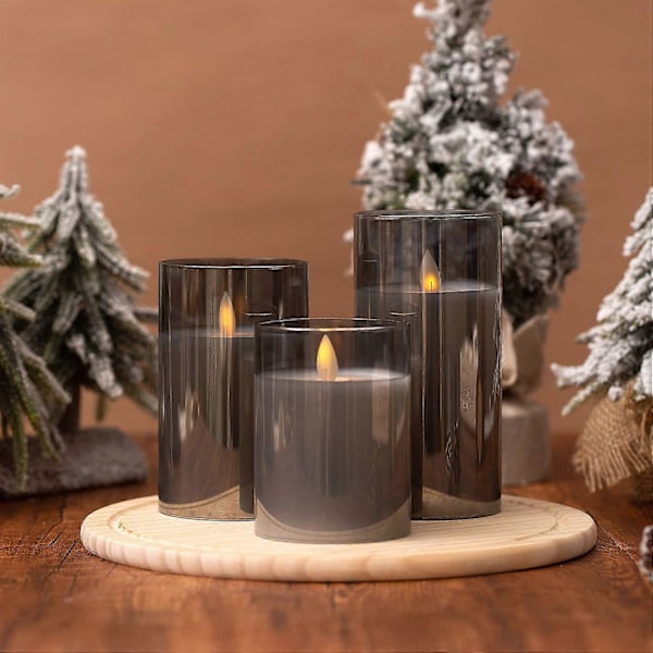 Sett med 3 LED-glasslys med fjernkontroll, søylelys til jul, H10cm/12.5cm/15cm, LED elektronisk lysglass risting røykfri fødsel