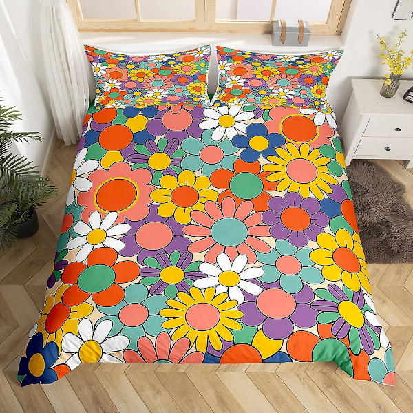Søtt Blomster Konge Dronning Dynetrekk Fargerikt Tegneserie Funky Blomster Sengetøy Sett Vintage Groovy Blomster Doodle Polyester Dynetrekk