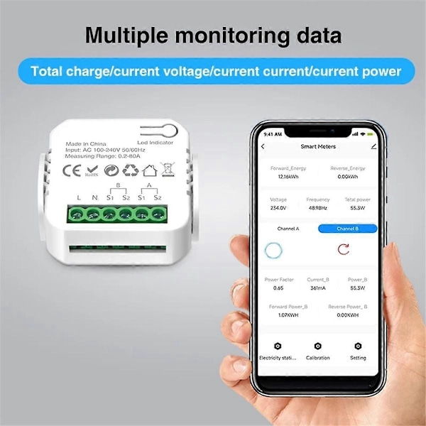 Tuya Wifi Smart Strømmåler med Strømtransformator Klemme 2 Kanal 80A Energimåler Smart Home Wa