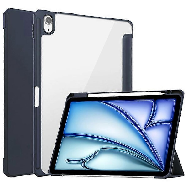 Kompatibelt Skal för iPad Air 11 (2024) Transparent Fodral PU Läder Auto Wake Sleep Skyddande Fodral med Pennhållare DarkBlue